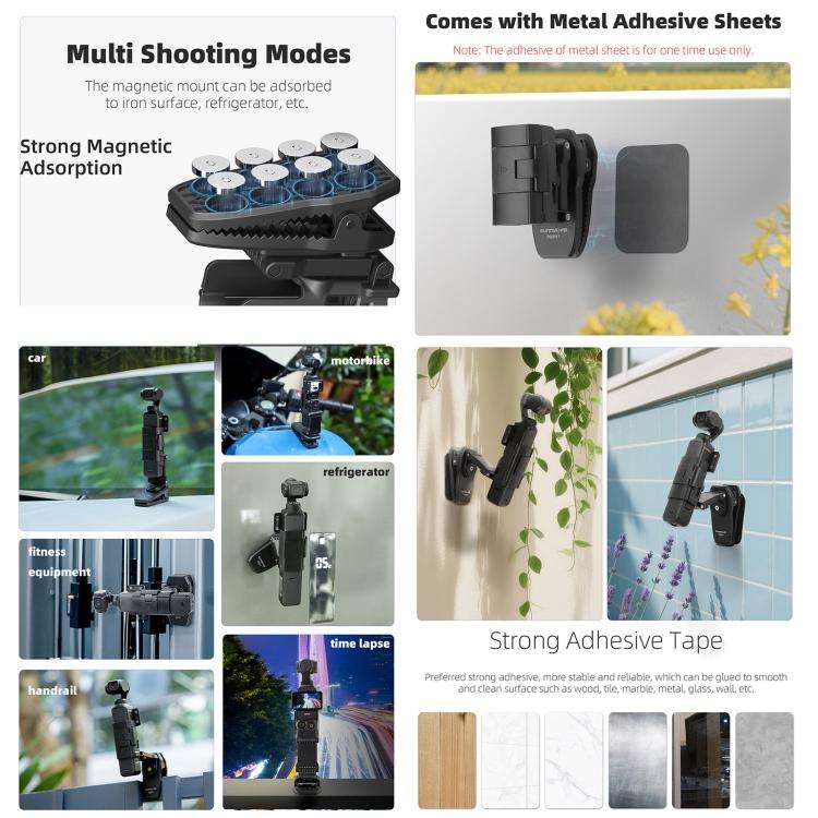 For DJI Osmo Pocket 3 Sunnylife Stretchable Backpack Clip Rotatable Magnetic Mount Action Camera ...
