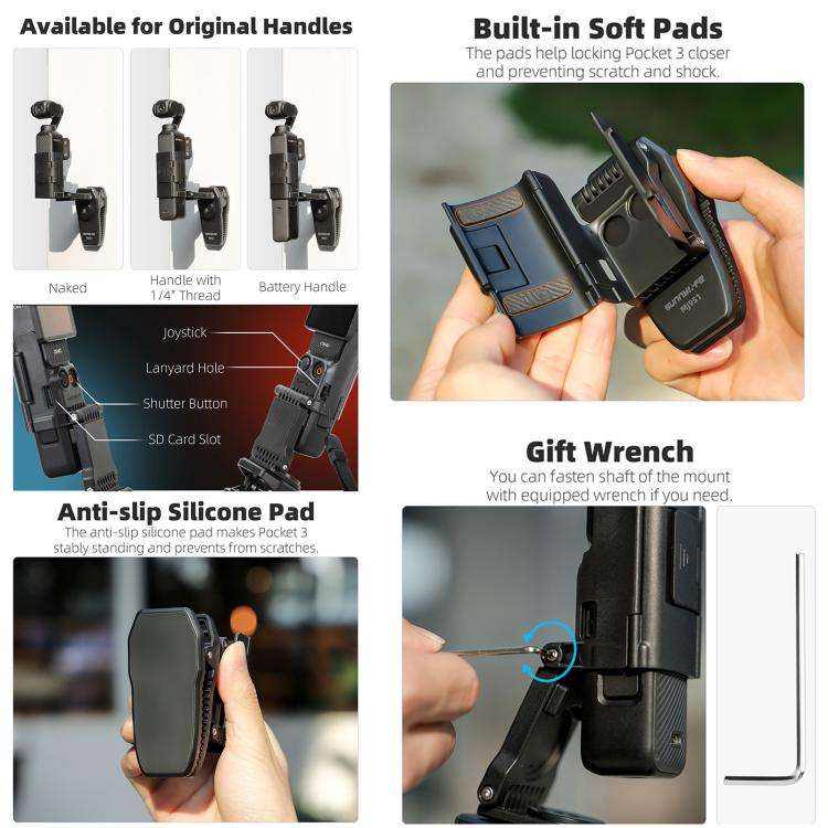 For DJI Osmo Pocket 3 Sunnylife Stretchable Backpack Clip Rotatable Magnetic Mount Action Camera ...