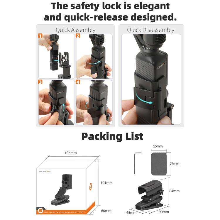 For DJI Osmo Pocket 3 Sunnylife Stretchable Backpack Clip Rotatable Magnetic Mount Action Camera ...