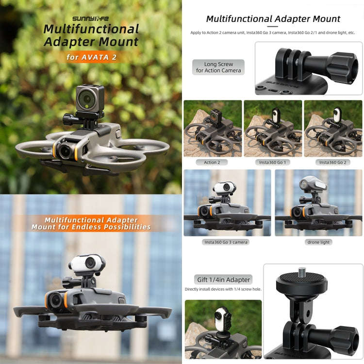 For DJI Avata 2 Sunnylife Action Camera Holder Mount Drone Light Bracket (Black)