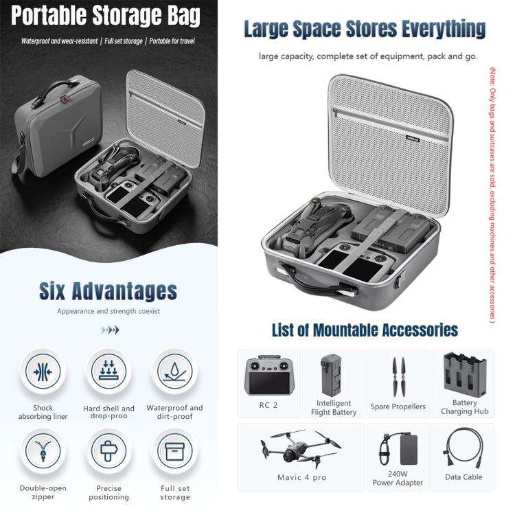 For DJI Mavic 4 Pro / RC 2 STARTRC Shoulder PU Storage Bag Handbag (Grey)