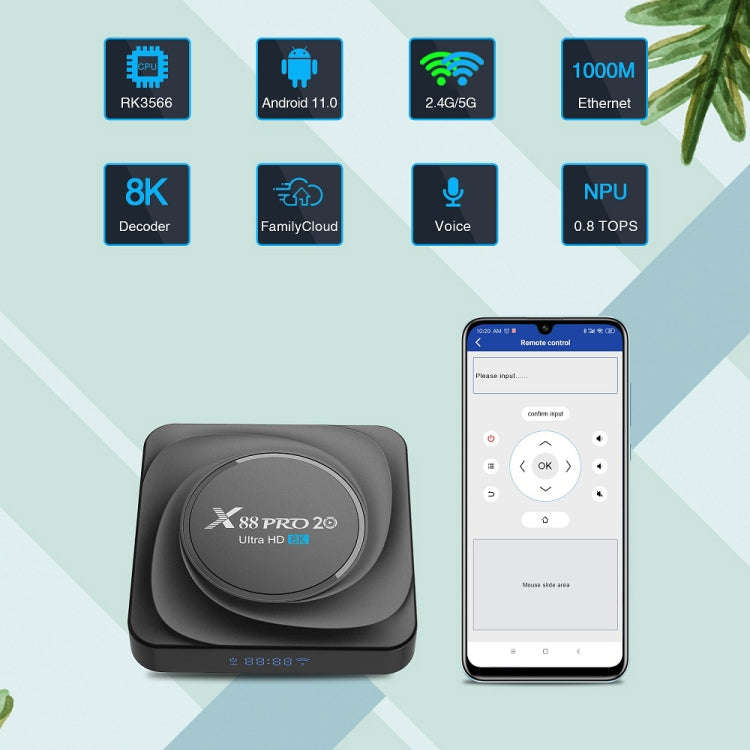 X88 Pro 20 4K Smart TV BOX Android 11.0 Media Player with Voice Remote Control, RK3566 Quad Core ...