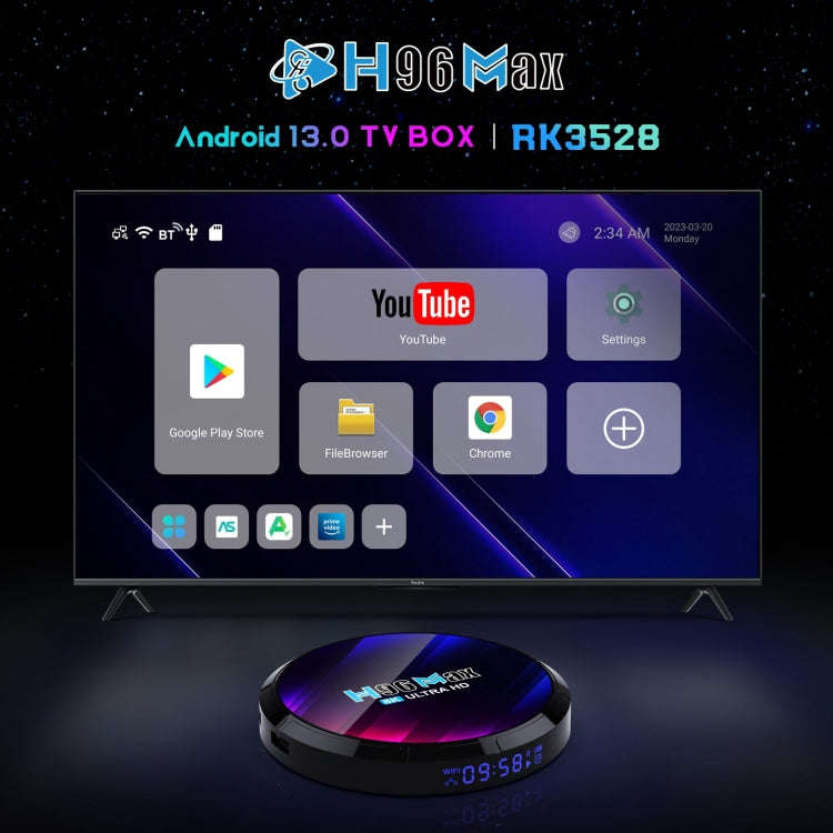 H96 Max 8K Ultra HD Smart TV Box Android 13.0 Media Player with Remote Control, RK3528 Quad-Core,...