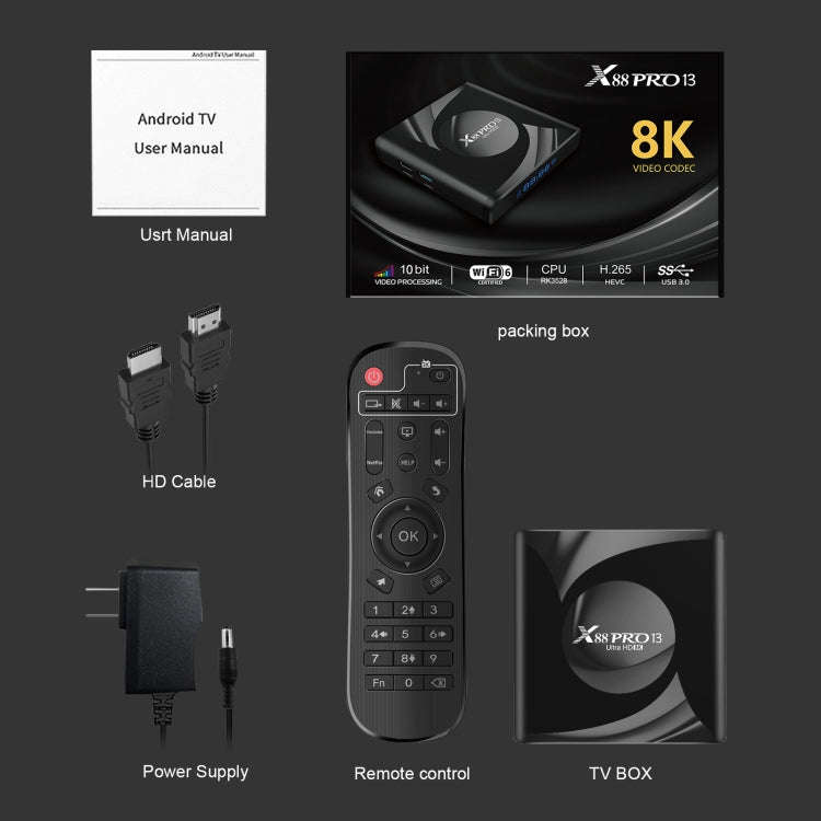 X88 Pro 13 Android 13.0 Smart TV Box with Remote Control, RK3528 Quad-Core, 4G+64GB (US Plug)