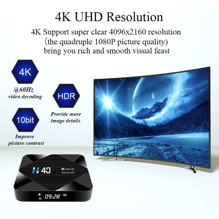 H40 4K Ultra HD Smart TV BOX Android 10.0 Media Player with Remote Control, Quad-core, RAM: 4GB, ...