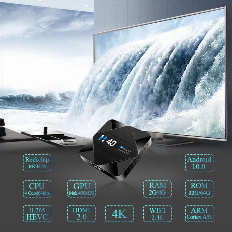 H40 4K Ultra HD Smart TV BOX Android 10.0 Media Player with Remote Control, Quad-core, RAM: 4GB, ...