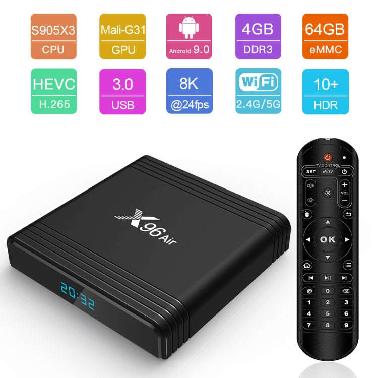 X96 Air 8K Smart TV BOX Android 9.0 Media Player with Remote Control, Quad-core Amlogic S905X3, R...