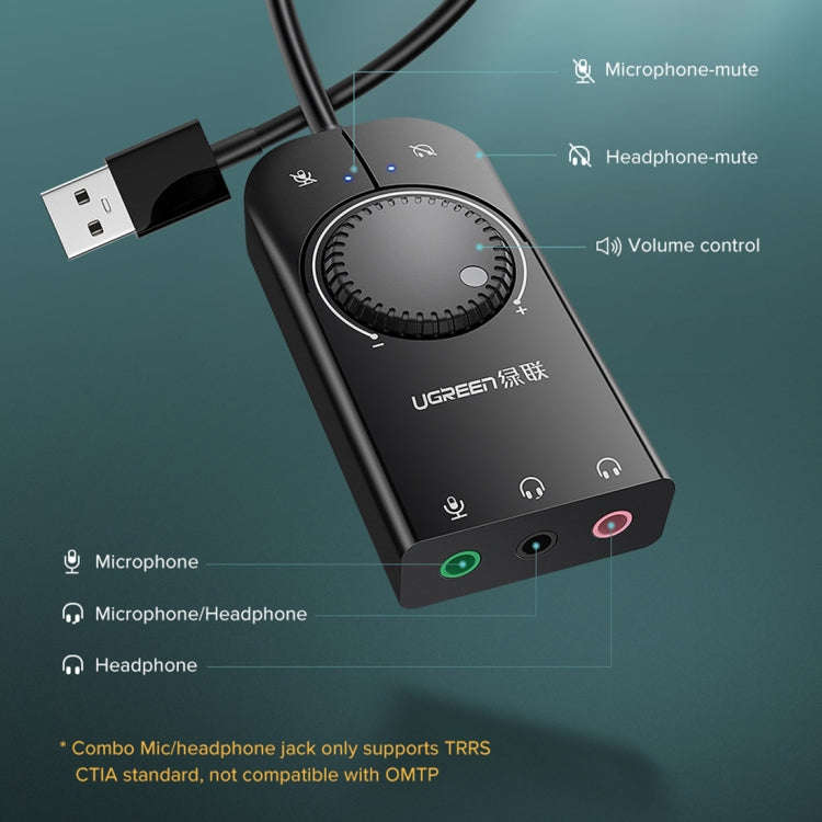 UGREEN CM109 USB to 3-ports 3.5mm Computer External Audio Card with Volume Adjustment Wheel, Leng...