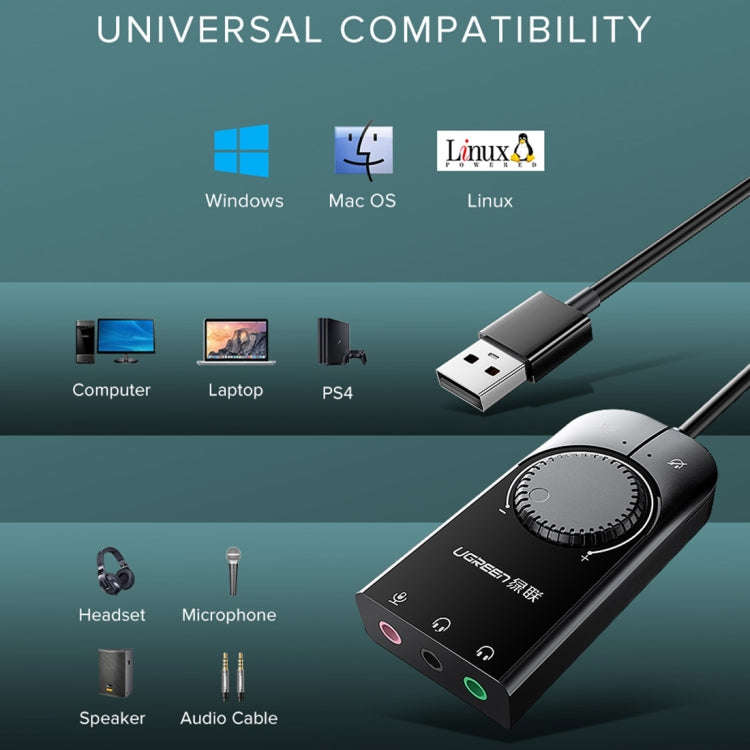 UGREEN CM109 USB to 3-ports 3.5mm Computer External Audio Card with Volume Adjustment Wheel, Leng...