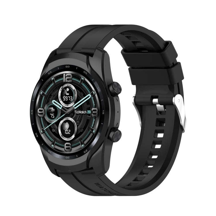 For TicWatch Pro 3 Silicone Watch Band with Silver Steel Buckle(Black)