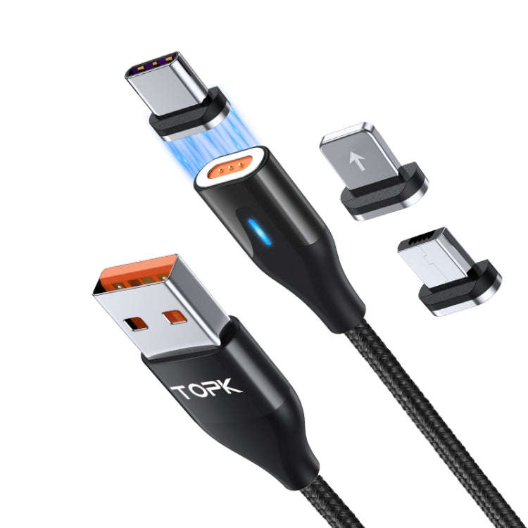 TOPK AM63 1m USB to 8 Pin + USB-C / Type-C + Micro USB 3 in 1 Flat Magnetic Metal Connector Nylon...