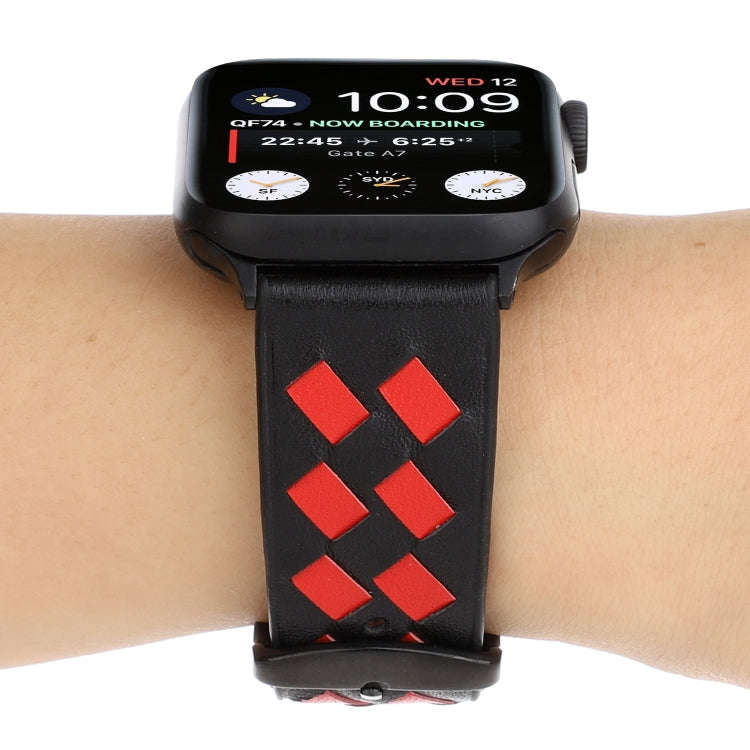 For Apple Watch Series 7 45mm / 6 & SE & 5 & 4 44mm / 3 & 2 & 1 42mm Woven Pattern Genuine Leathe...