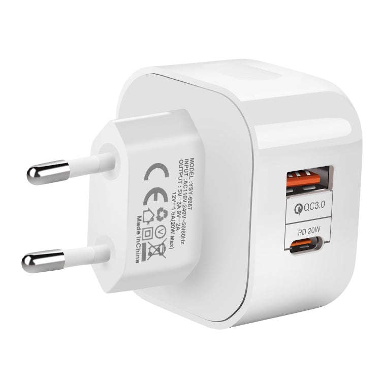 YSY-6087 20W PD + QC 3.0 Dual Ports Travel Charger Power Adapter, EU Plug