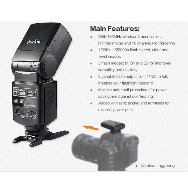 Godox TT520II 433MHZ Wireless 1/300s-1/2000s HSS Flash Speedlite Camera Top Fill Light for Canon ...