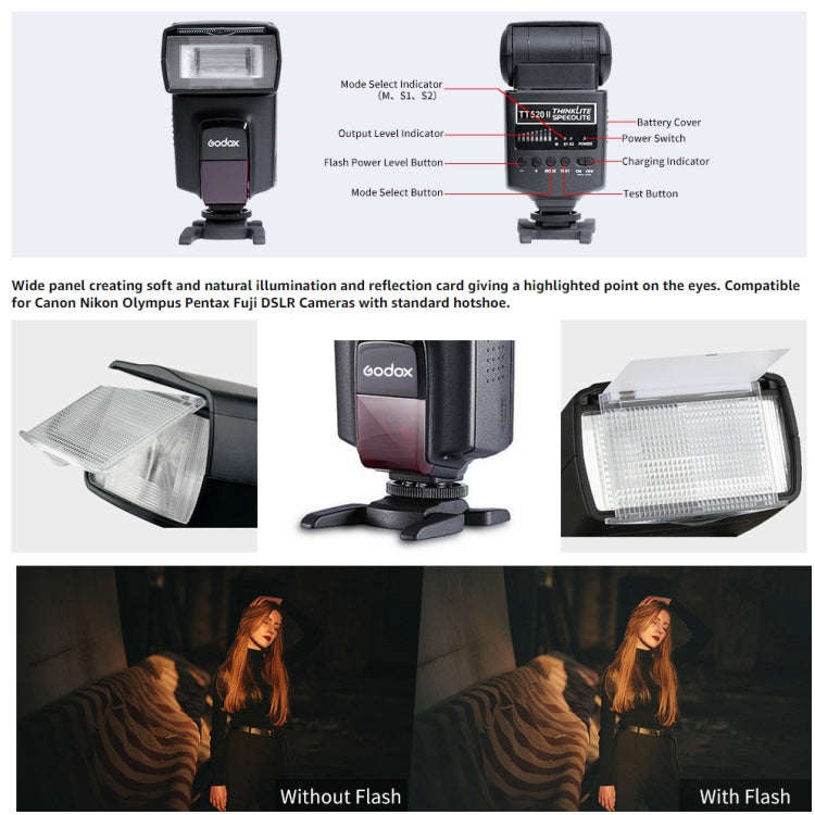 Godox TT520II 433MHZ Wireless 1/300s-1/2000s HSS Flash Speedlite Camera Top Fill Light for Canon ...