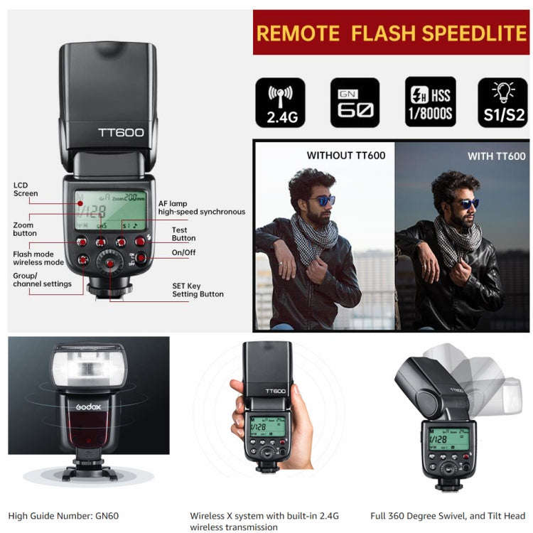 Godox TT600 2.4GHz Wireless 1/8000s HSS Flash Speedlite Camera Top Fill Light for Canon / Nikon D...