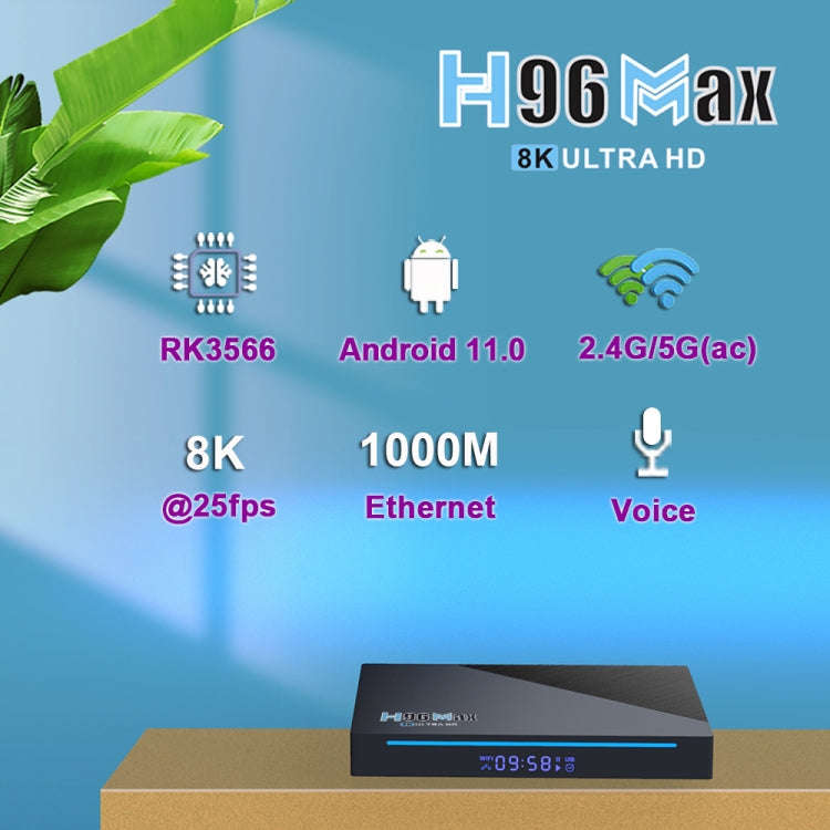 H96 Max 8K Smart TV BOX Android 11.0 Media Player with Remote Control, Quad Core RK3566, RAM: 4GB...
