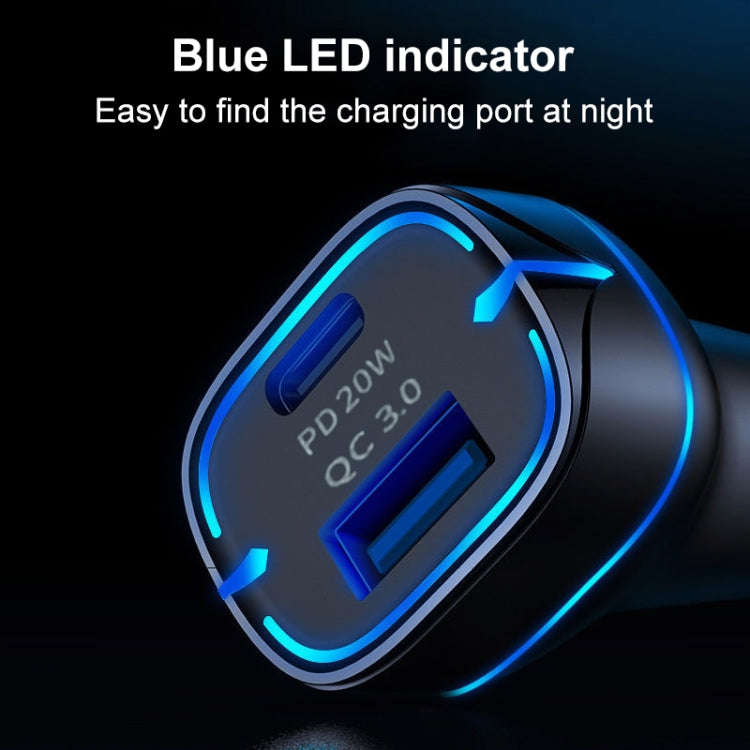 QC USB + USB-C / Type-C Dual Ports Fast Charging Car Charger with Luminous Aperture(White)
