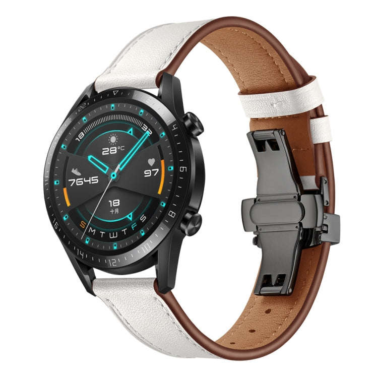 20mm Universal Butterfly Buckle Leather Watch Band, Style:Black Buckle(White)
