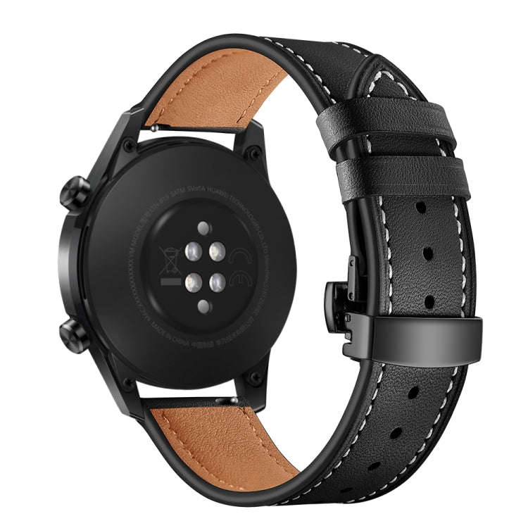 20mm Universal Butterfly Buckle Leather Watch Band, Style:Black Buckle(Black)