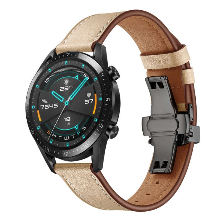 20mm Universal Butterfly Buckle Leather Watch Band, Style:Black Buckle(Apricot)