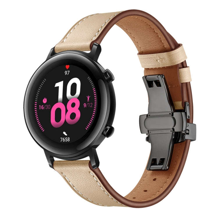 20mm Universal Butterfly Buckle Leather Watch Band, Style:Black Buckle(Apricot)