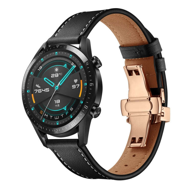 20mm Universal Butterfly Buckle Leather Watch Band, Style:Rose Gold Buckle(Black)