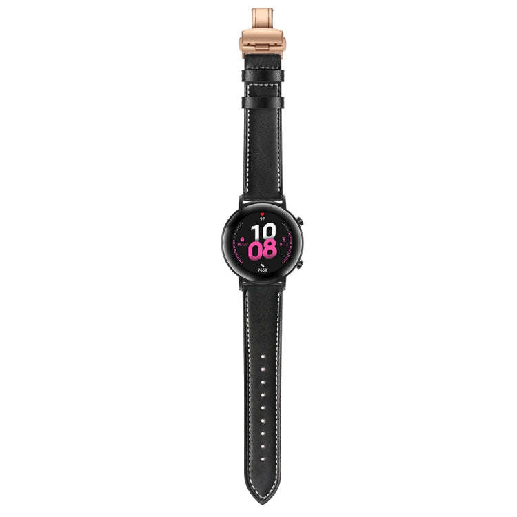 20mm Universal Butterfly Buckle Leather Watch Band, Style:Rose Gold Buckle(Black)