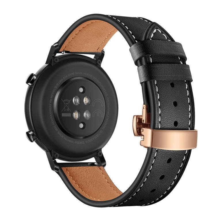 20mm Universal Butterfly Buckle Leather Watch Band, Style:Rose Gold Buckle(Black)