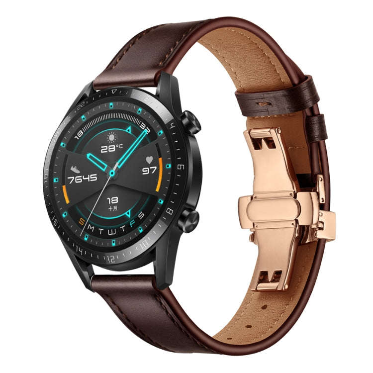 20mm Universal Butterfly Buckle Leather Watch Band, Style:Rose Gold Buckle(Dark Brown)
