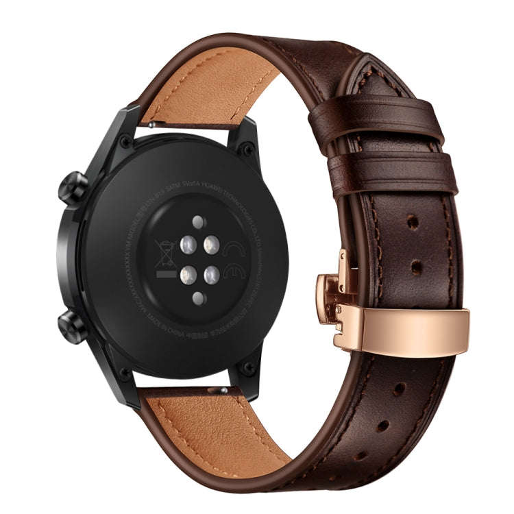 20mm Universal Butterfly Buckle Leather Watch Band, Style:Rose Gold Buckle(Dark Brown)