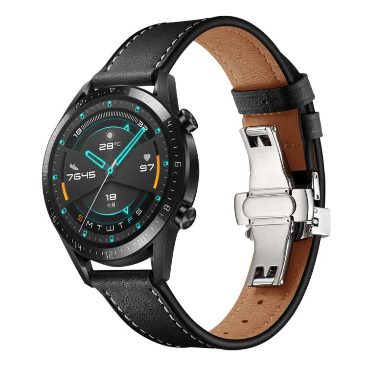 20mm Universal Butterfly Buckle Leather Watch Band, Style:Silver Buckle(Black)