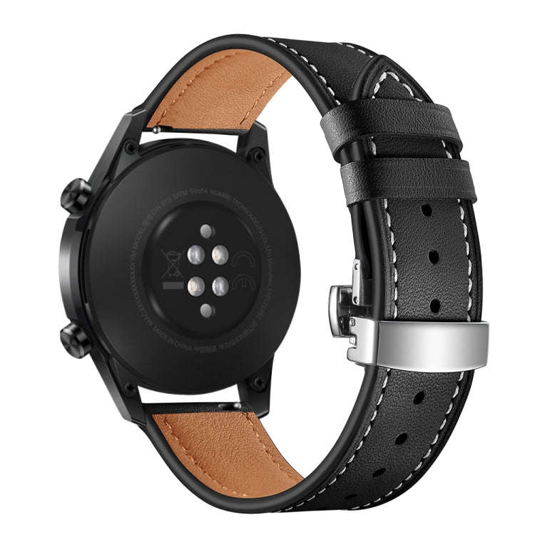 20mm Universal Butterfly Buckle Leather Watch Band, Style:Silver Buckle(Black)