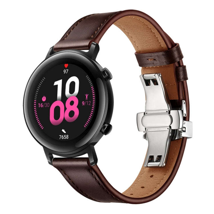 20mm Universal Butterfly Buckle Leather Watch Band, Style:Silver Buckle(Dark Brown)