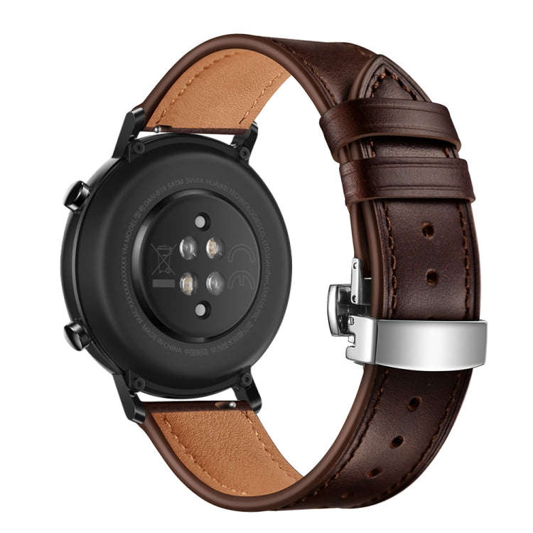 20mm Universal Butterfly Buckle Leather Watch Band, Style:Silver Buckle(Dark Brown)