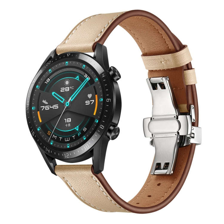 20mm Universal Butterfly Buckle Leather Watch Band, Style:Silver Buckle(Apricot)