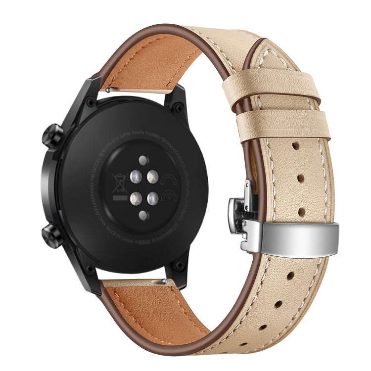 20mm Universal Butterfly Buckle Leather Watch Band, Style:Silver Buckle(Apricot)