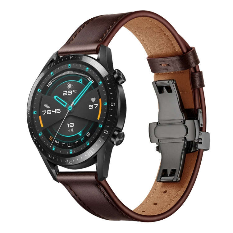 22mm Universal Butterfly Buckle Leather Watch Band, Style:Black Buckle(Dark Brown)