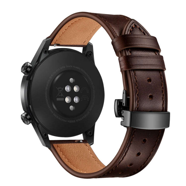 22mm Universal Butterfly Buckle Leather Watch Band, Style:Black Buckle(Dark Brown)