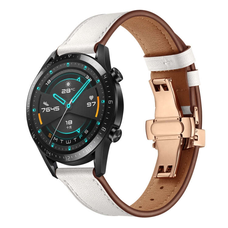 22mm Universal Butterfly Buckle Leather Watch Band, Style:Rose Gold Buckle(White)