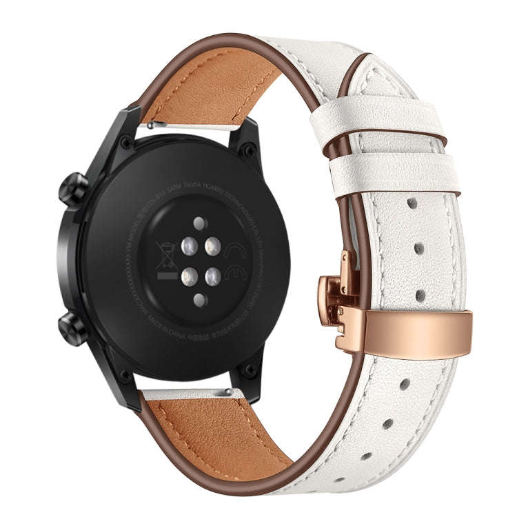 22mm Universal Butterfly Buckle Leather Watch Band, Style:Rose Gold Buckle(White)