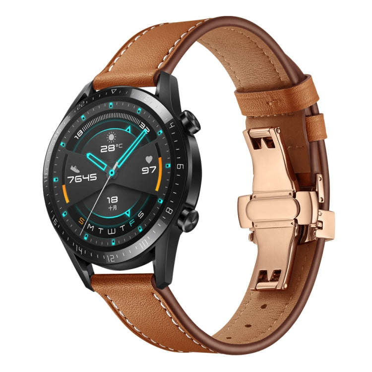 22mm Universal Butterfly Buckle Leather Watch Band, Style:Rose Gold Buckle(Brown)
