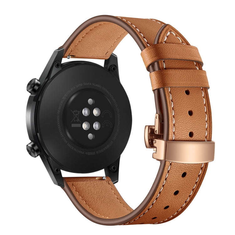 22mm Universal Butterfly Buckle Leather Watch Band, Style:Rose Gold Buckle(Brown)