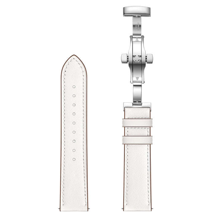 22mm Universal Butterfly Buckle Leather Watch Band, Style:Silver Buckle(White)