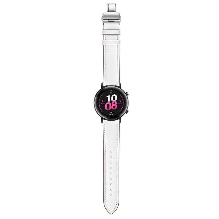 22mm Universal Butterfly Buckle Leather Watch Band, Style:Silver Buckle(White)