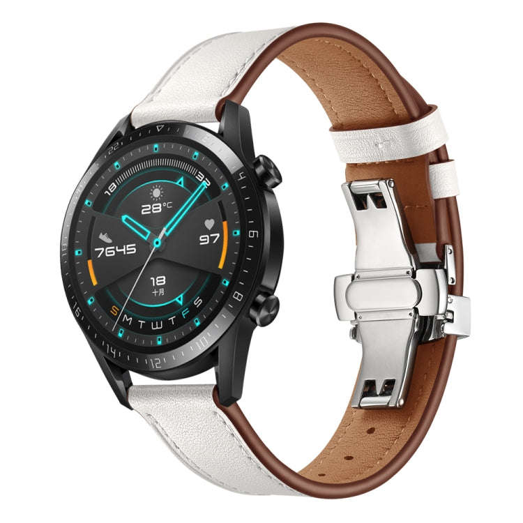 22mm Universal Butterfly Buckle Leather Watch Band, Style:Silver Buckle(White)