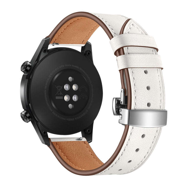 22mm Universal Butterfly Buckle Leather Watch Band, Style:Silver Buckle(White)