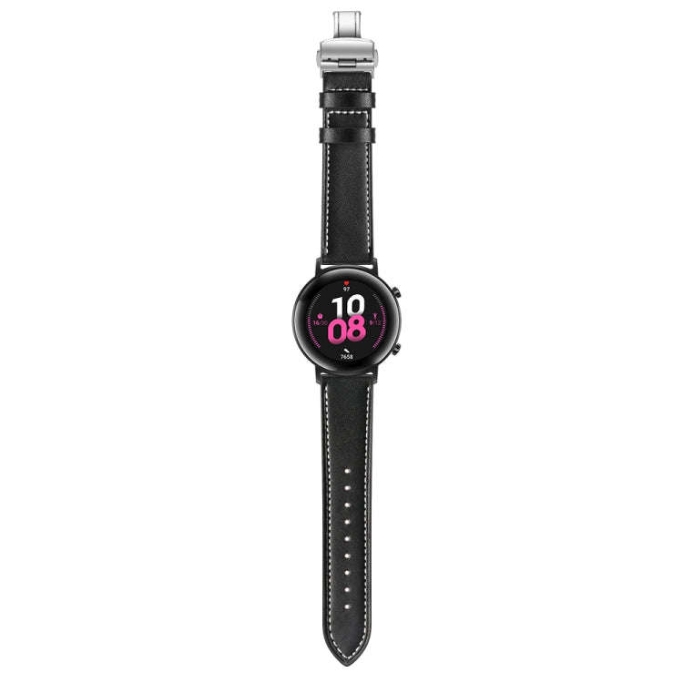 22mm Universal Butterfly Buckle Leather Watch Band, Style:Silver Buckle(Black)