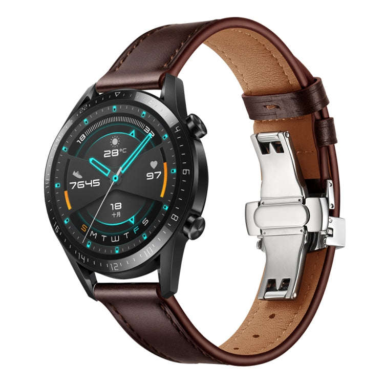 22mm Universal Butterfly Buckle Leather Watch Band, Style:Silver Buckle(Dark Brown)