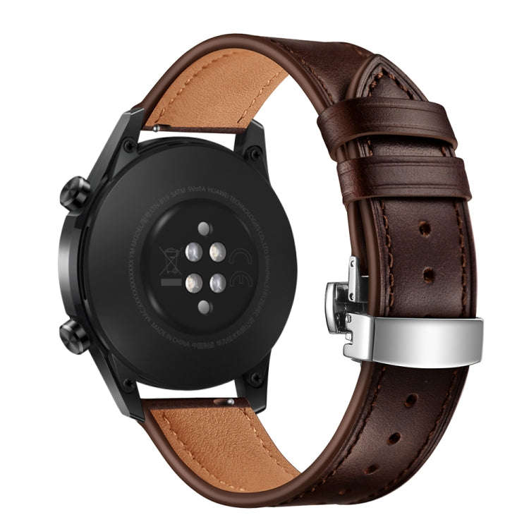 22mm Universal Butterfly Buckle Leather Watch Band, Style:Silver Buckle(Dark Brown)